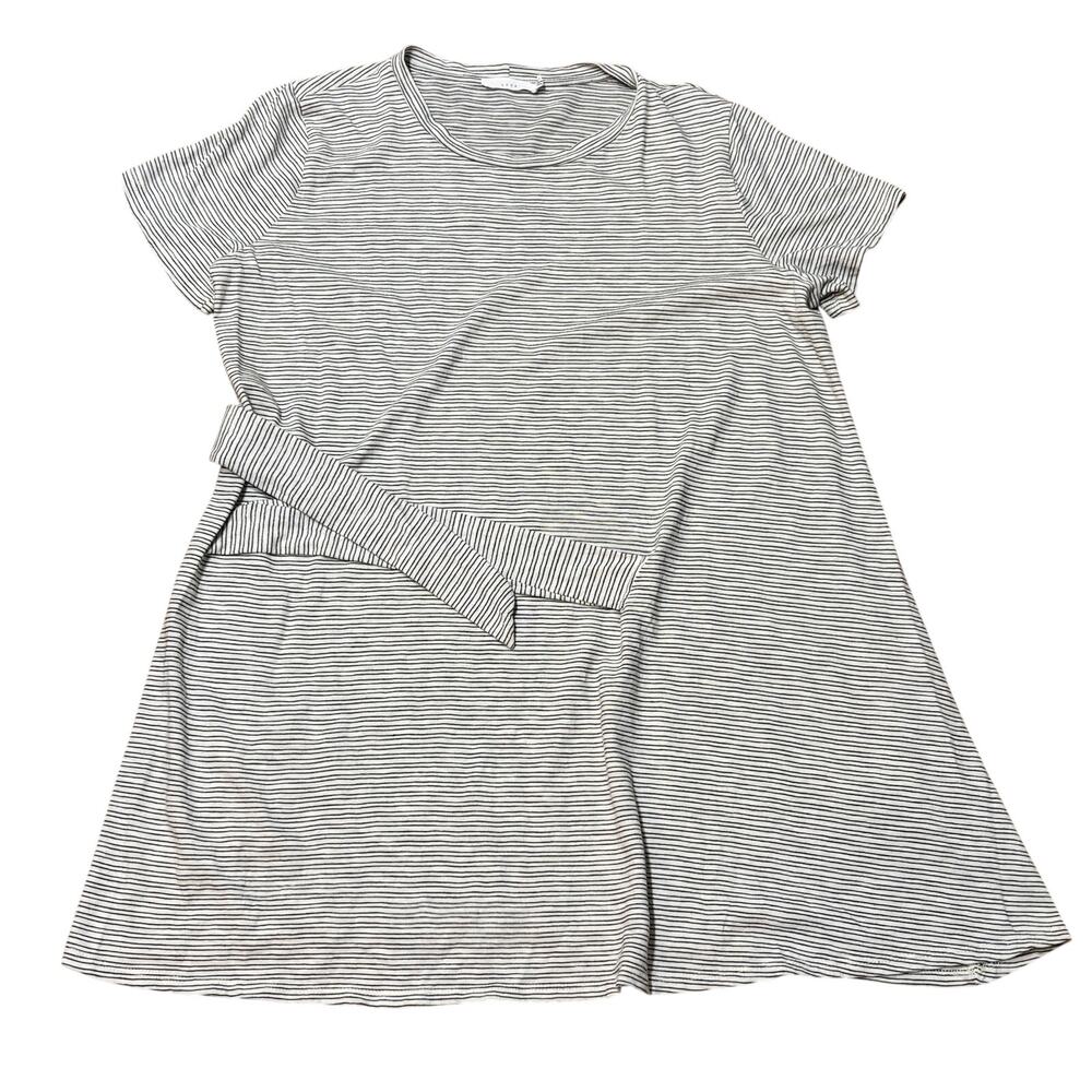 Lush Side Tie T-Shirt Dress Cotton Rich Jersey Knit Women LG White Black Stripes